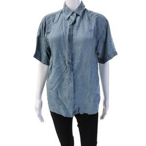 Pure Silk Mens Button-Down Collared Silk Shirt Blue Long Sleeve Size S